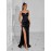 Spaghetti Strap Formal Dress Without Gloves, Elegant Sleeveless Split Thigh Floor Length Evening Dress For Party & Banquet, Women's Clothing