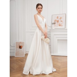 Elegant V-Neck Sleeveless A-Line Wedding Gown with Pencil Skirt and Exposed Back