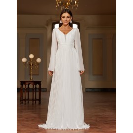 Solid V-neck Pleated Sweep Train Dress, Elegant Flare Sleeve Trumpet Dress For Wedding Party, Women's Clothing