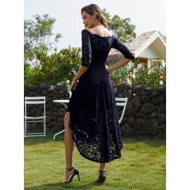 3/4 Sleeves Lace High-Low Off Shoulder Bridesmaid Dress, Cocktail Party Dress for Church Wedding Guest Formal Party