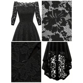 3/4 Sleeves Lace High-Low Off Shoulder Bridesmaid Dress, Cocktail Party Dress for Church Wedding Guest Formal Party