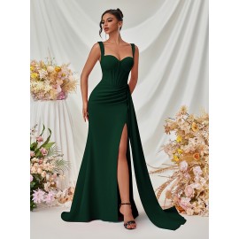 Elegant Spaghetti Strap Backless Gown with Thigh-High Slit - Perfect for Parties & Formal Events, Women's Evening Dress