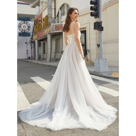 High Slit Luxury Beach Wedding Dresses, Sweetheart Lace Up Back A-Line Tulle Formal Evening Gowns with Hand Beading for Women