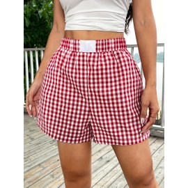 Plaid Elastic Waist Shorts, Casual Shorts For Spring & Summer, Women's Clothing