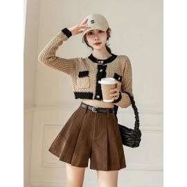 Chic Women's High-Waist Pleated Corduroy Shorts - Durable, Non-Elastic, Perfect for Casual All-Season Wear