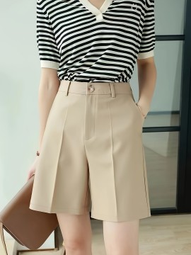 Button Front High Waist Shorts, Casual Solid Color Slant Pockets Loose Shorts For Spring & Summer, Women's Clothing