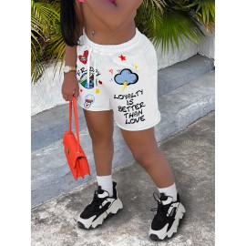 Vibrant Alphabet Print Knit Shorts - Elastic Drawstring Waist, Micro Elastic Polyester Fabric, Casual Style for Spring, Summer, and Fall - Womens High Waist Comfortable Shorts for Everyday Wear