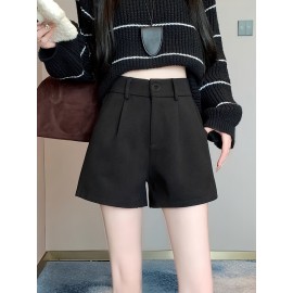 Elegant High-Waist Fleece Shorts for Women - Slimming A-Line Fit, Perfect for Fall & Winter with Pockets