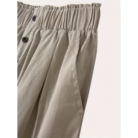 Women's Casual Cotton Shorts with Elastic Waistband and Decorative Buttons - Loose Fit, Solid Color, Machine Washable