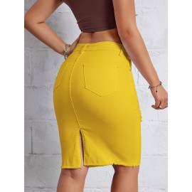 Hot Ripped High Waisted Bodycon Midi Denim Skirt, Women's Denim Jeans & Clothing