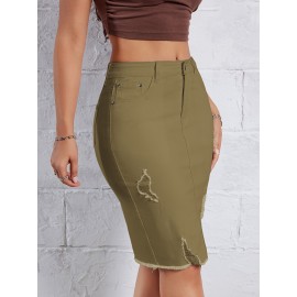 Hot Ripped High Waisted Bodycon Midi Denim Skirt, Women's Denim Jeans & Clothing