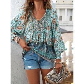 Floral Print V Neck Blouse, Casual Drawstring Long Sleeve Blouse For Spring & Fall, Women's Clothing