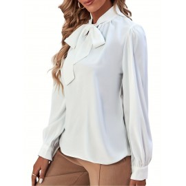 Bow Neck Long Sleeve Blouse, Elegant Cozy Blouse For Spring & Fall, Women's Clothing