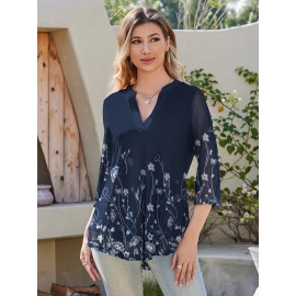 Women's 3/4 Sleeve V Neck Shirts Floral Casual Tunic Tops Double Layers Mesh Blouse Work Casual Top