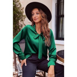 Women's Satin Silk Long Sleeve Blouse with Bow Tie Neck Office Work Wear Elegant Tops