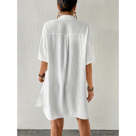 Women's Short Shirt Ice Silk Wrinkled Polo Neck Solid Color Button Elegant Casual Shirt