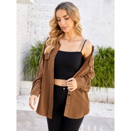 Drop Shoulder Button Front Shirt, Casual Long Sleeve With Pocket Shirt For Spring & Fall, Women's Clothing