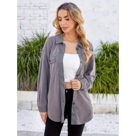 Drop Shoulder Button Front Shirt, Casual Long Sleeve With Pocket Shirt For Spring & Fall, Women's Clothing
