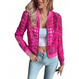 Women's Sheer Bomber Jacket Long Sleeve Baseball Collar Hollow Out Zip Up Jacket Outwear