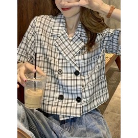 Plaid Print Double Breasted Crop Blouse, Casual Short Sleeve Lapel Blouse For Spring & Summer, Women's Clothing