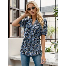 Floral Print Notched Neck Blouse, Casual Pleated Puff Sleeve Blouse For Spring & Summer, Women's Clothing