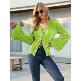 Solid Pleated V Neck Blouse, Casual Button Front Bell Sleeve Blouse For Spring & Fall, Women's Clothing